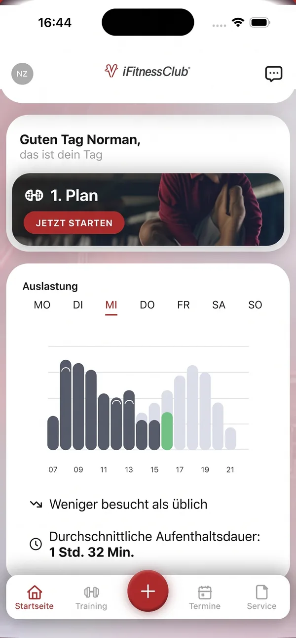 Startseite der iFitnessClub-App mit Plan und Auslastung