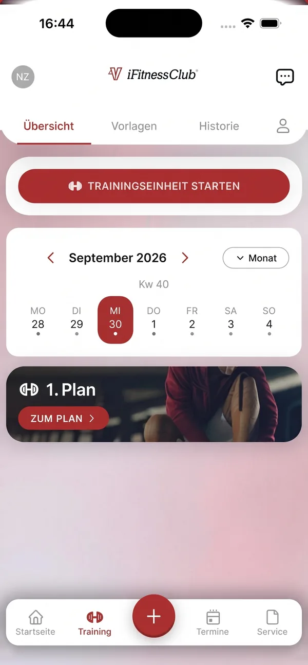 Trainingsbereich der iFitnessClub-App mit Kalender