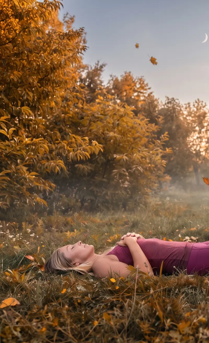 Marlen liegt in der Abenddämmerung auf einer Herbstwiese