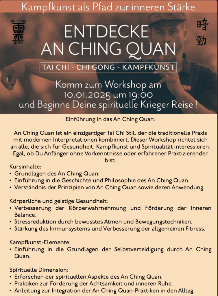 Plakat, Workshop-Ankündigung für "An Ching Quan", mit Details und Infos über Tai Chi, abends, 10.01.2025.
