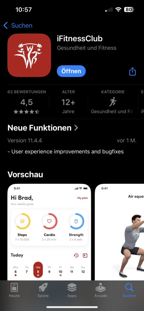App-Store-Seite: iFitnessClub, Gesundheit und Fitness. Vorschau zeigt Fitness-Tracking-Screenshots.