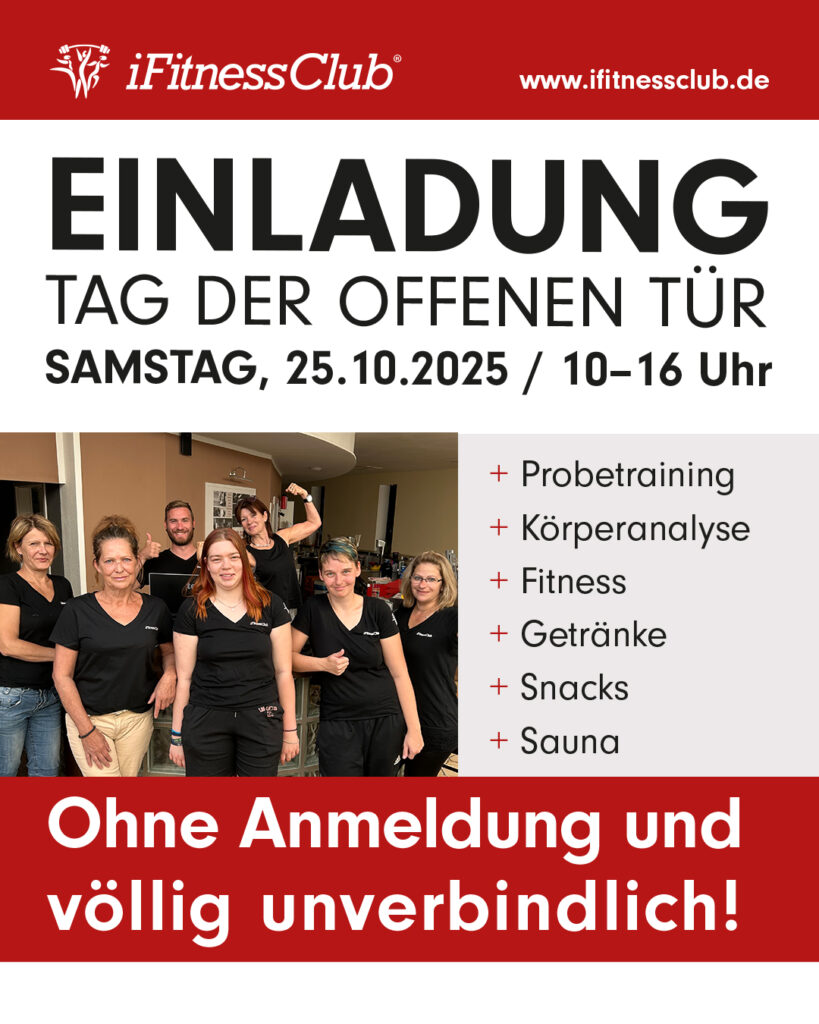 Gruppe lächelnder Menschen in Sportkleidung vor Fitnessstudio-Hintergrund.